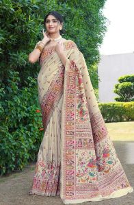 1403 Beige Pure Silk Saree with Pashmina Design