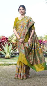 1403 Mehandi Green Pure Silk Saree With Pashmina Design