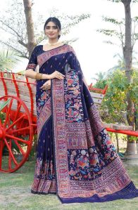 1403 Navy Blue Pure Silk Saree with Pashmina Design