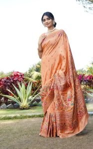 1403 Peach Pure Silk Saree with Pashmina Design