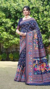 1404 Navy Blue Pure Silk Saree with Pashmina Design