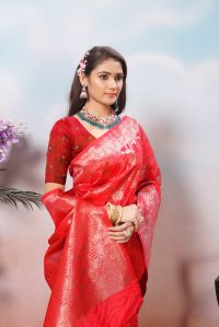 9732 Red Jari Work Weaving Banarasi Soft Silk Saree