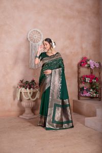 9736 Dark Green Jari Work Weaving Banarasi Soft Silk Saree
