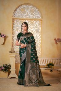 9737 Dark Green Jari Work Weaving Banarasi Soft Silk Saree