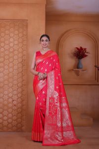9778 Bright Red Jari Work Weaving Banarasi Soft Silk Saree