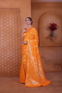 9778 Marigold Orange Jari Work Weaving Banarasi Soft Silk Saree