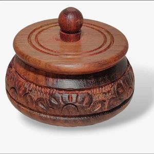 Round Carved Wooden Kumkum Box