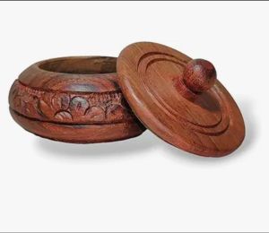 Round Carved Wooden Kumkum Box