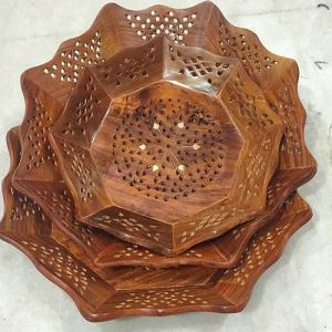 Handmade Wooden Round Tray Set