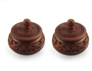 Round Carved Wooden Kumkum Box