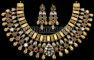 Royal Antique Multicolor Stone Embellished Gold Necklace Set