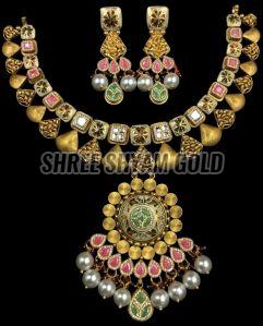 Traditional Temple Motif  Pearl Drops Gold Necklace Set