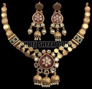 Traditional Temple Motif Pearl Drops Gold Necklace Set