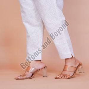 Ladies White Cotton Chikan Pant