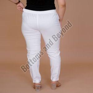 Ladies Off  White Cotton Lycra Pant
