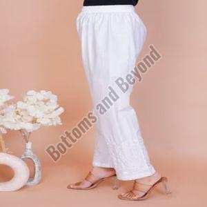 Ladies White Embroidery Wide Leg Pant