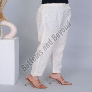 Ladies Off White Cotton Chikan Pant