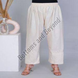 Ladies Beige Embroidery Wide Leg Pant