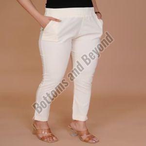 Ladies Cream Cotton Lycra Pant