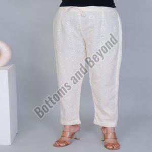 Ladies Off White Cotton Chikan Pant