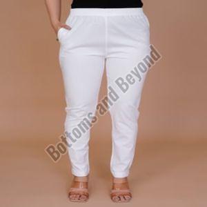 Ladies Off  White Cotton Lycra Pant
