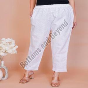 Ladies White Cotton Chikan Pant