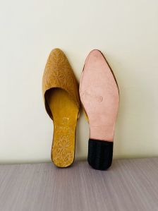 Yellow Chitrakari Leather Ladies Mules