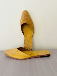 Yellow Chitrakari Leather Ladies Mules