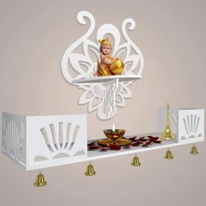 Krishna White Wooden Shelf Temple