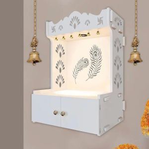 peacock feather white wooden temple
