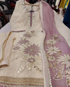 Ladies Cotton Heavy Gota Patti Handwork Kurta Pant and Dupatta Set