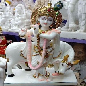 Marble Krishna Statue With Cow