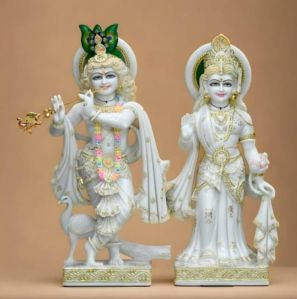 Hand Painted White Marble Radha Krishna Statue