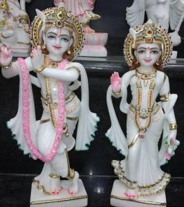 Hand Painted White Marble Radha Krishna Statue