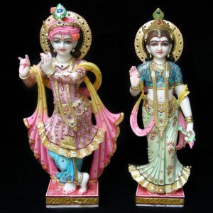 Hand Painted White Marble Radha Krishna Statue
