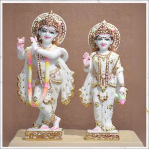 Hand Painted White Marble Radha Krishna Statue