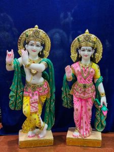 Hand Painted White Marble Radha Krishna Statue