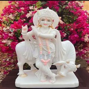 White Marble Krishna With Cow Statue