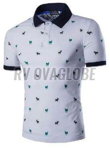 Mens White Printed Cotton Polo T-Shirt