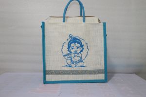 Off White Krishna Print Handcrafted Jute Carry Bag
