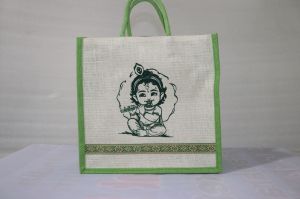 Off White Krishna Print Handcrafted Jute Carry Bag