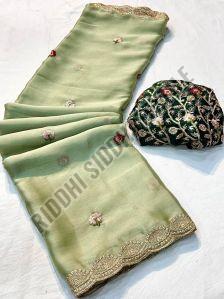 RST-011 Ladies Moss Chiffon Embroidery Work Saree