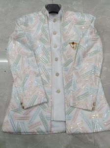 Grey Kids Printed Indo Western Sherwani