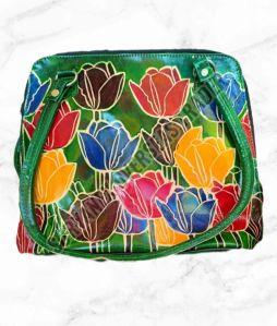 Ladies Lotus Print Leather Shantiniketan Hand Bag