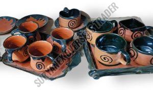 Set OF 4 Clay Tea Cup with Serving Tray