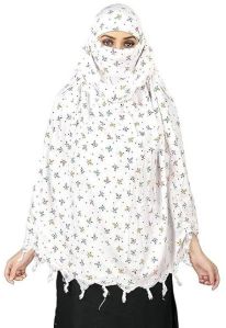 White Rayon Floral Printed Prayer Scarf with Tassels