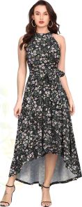 Black Floral High-Low Knitting Western Dress for Women