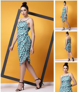 Ladies Aqua Blue Abstract Print Ruched Asymmetrical Dress