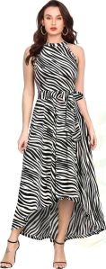 Ladies Black & White Zebra Print Knitting High Low Western Dress