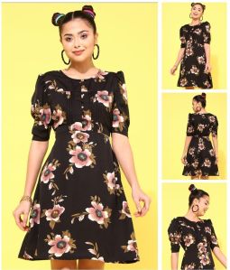 Ladies Black Floral Puff Sleeve Dress
